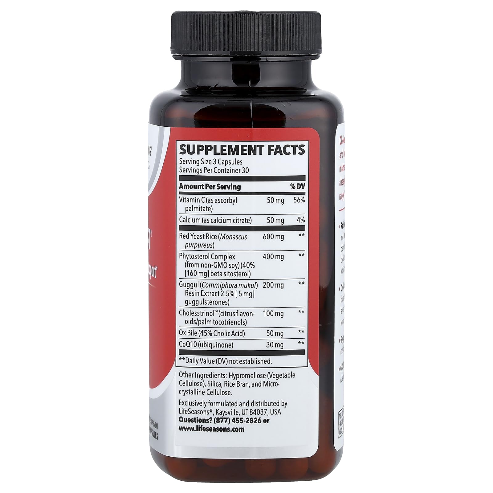 LifeSeasons Choles-T ingredients include red yeast rice and CoQ10 for lipid balance