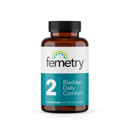 LifeSeasons Femetry bladder daily comfort bottle close-up showing packaging and daily support focus.