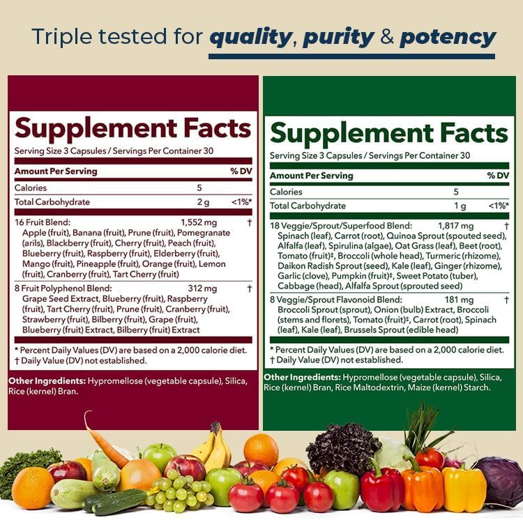LifeSeasons Fruits & Veggies nutrition facts with colorful fruits and vegetables for comprehensive daily support