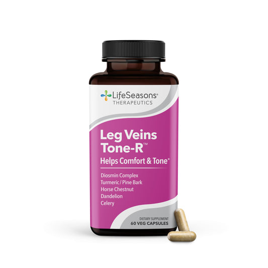 LifeSeasons Leg Veins Tone-R bottle highlighting vein support for comfortable legs.