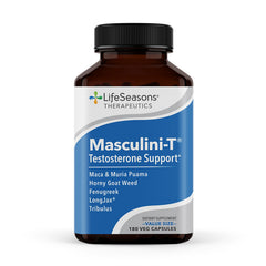 LifeSeasons Masculini-T bottle closeup emphasizes premium testosterone support.