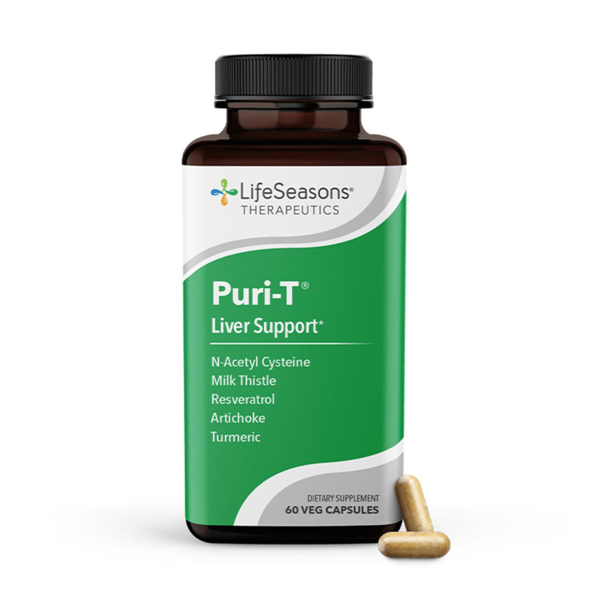 LifeSeasons Puri-T bottle front showing detox support for liver health.