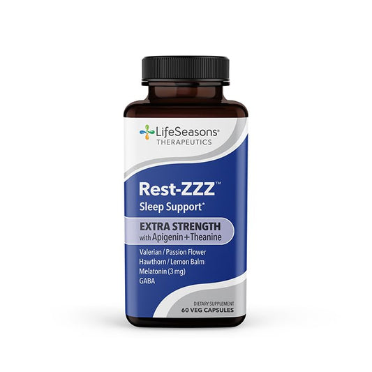 LifeSeasons Rest-ZZZ extra strength bottle promotes calm for smoother bedtime.