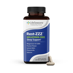LifeSeasons Rest-ZZZ melatonin-free bottle promotes calm sleep without grogginess.