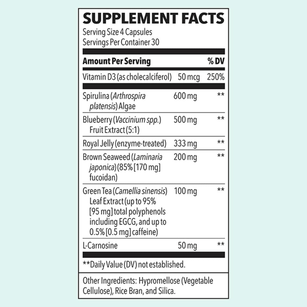 LifeSeasons Stem Boost-R capsules close-up with label indicating antioxidant and tissue repair support