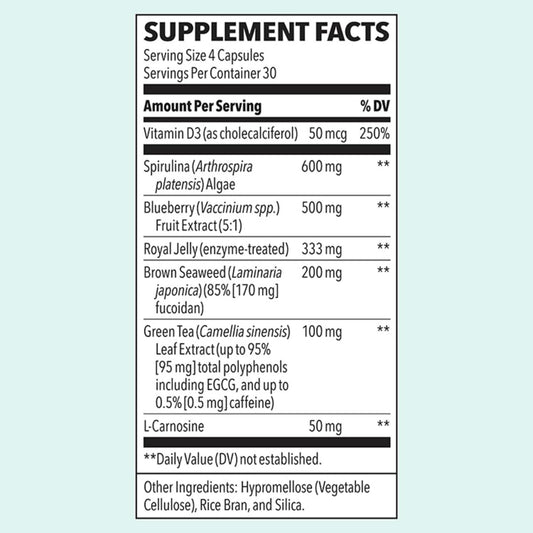 LifeSeasons Stem Boost-R capsules close-up with label indicating antioxidant and tissue repair support