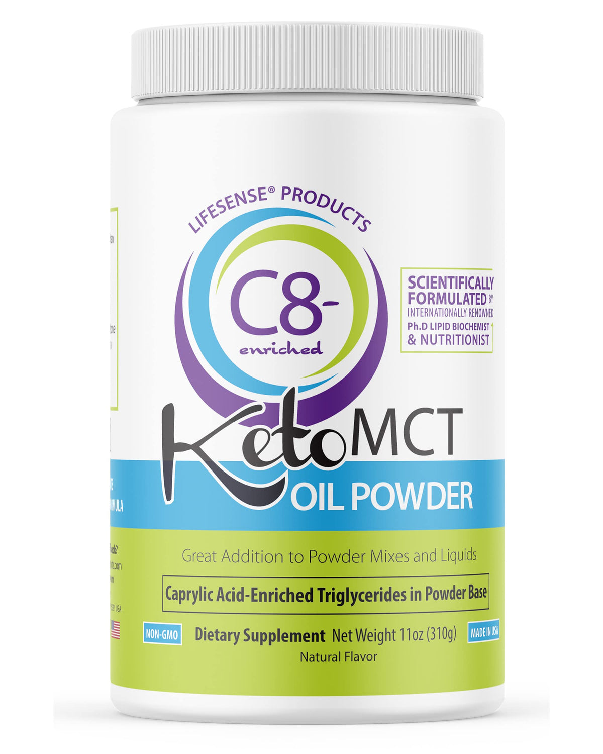 LifeSense C8 enriched MCT oil powder packaging in a clear jar supports on-the-go energy.