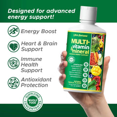Life's Fortune liquid multivitamin bottle closeup highlights clean ingredients