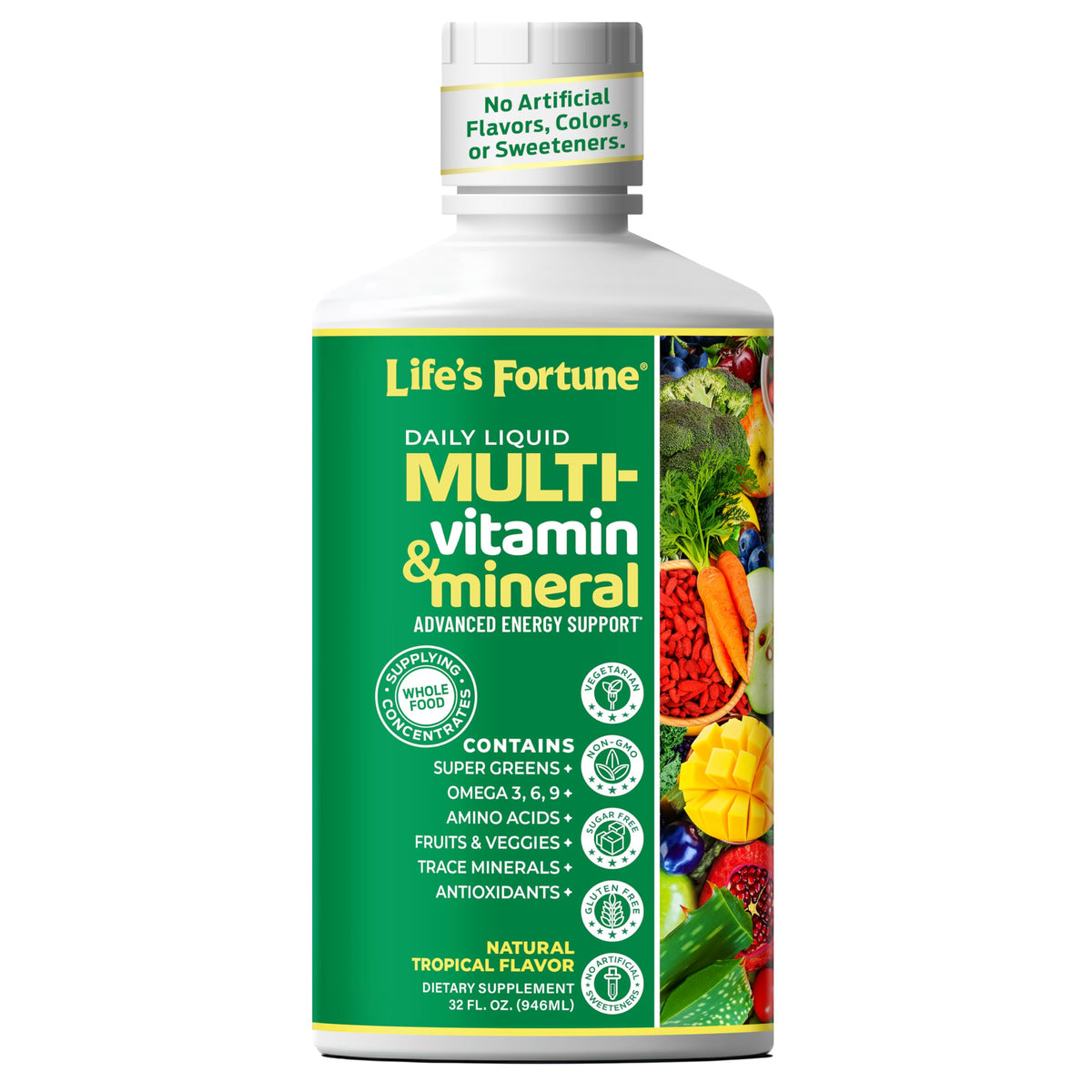Life's Fortune liquid multivitamin bottle pour shows easy intake and tropical flavor