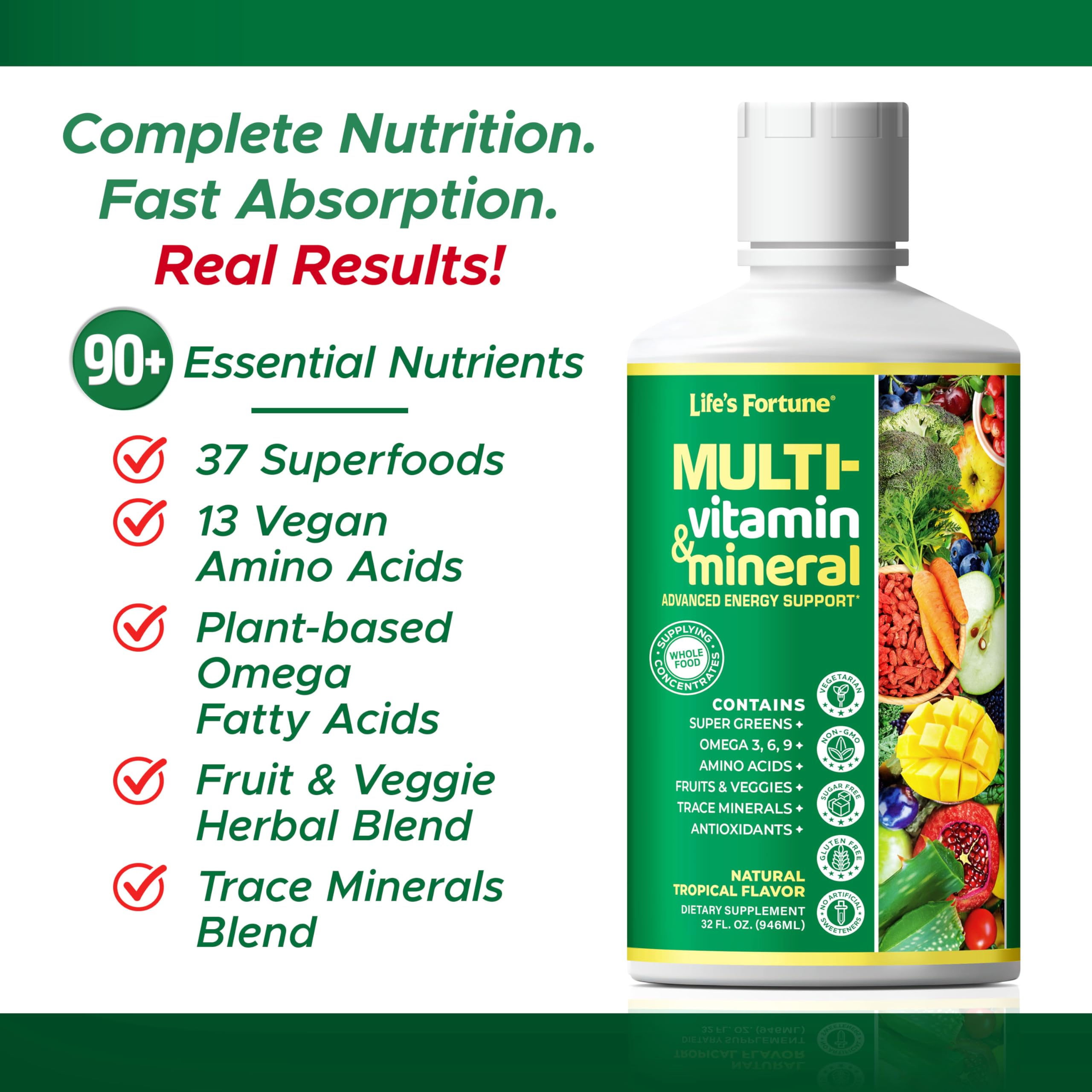Life's Fortune liquid multivitamin label detail notes non-GMO and sugar-free formula