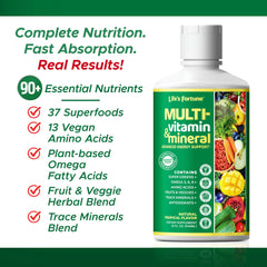 Life's Fortune liquid multivitamin label detail notes non-GMO and sugar-free formula