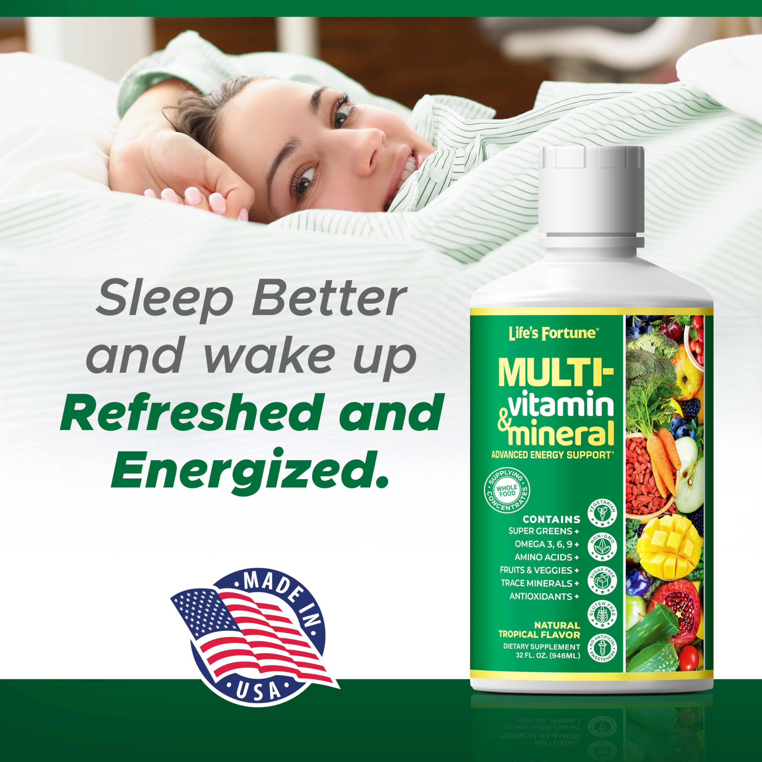 Life's Fortune liquid multivitamin tropical flavor visual hints at refreshing daily routine