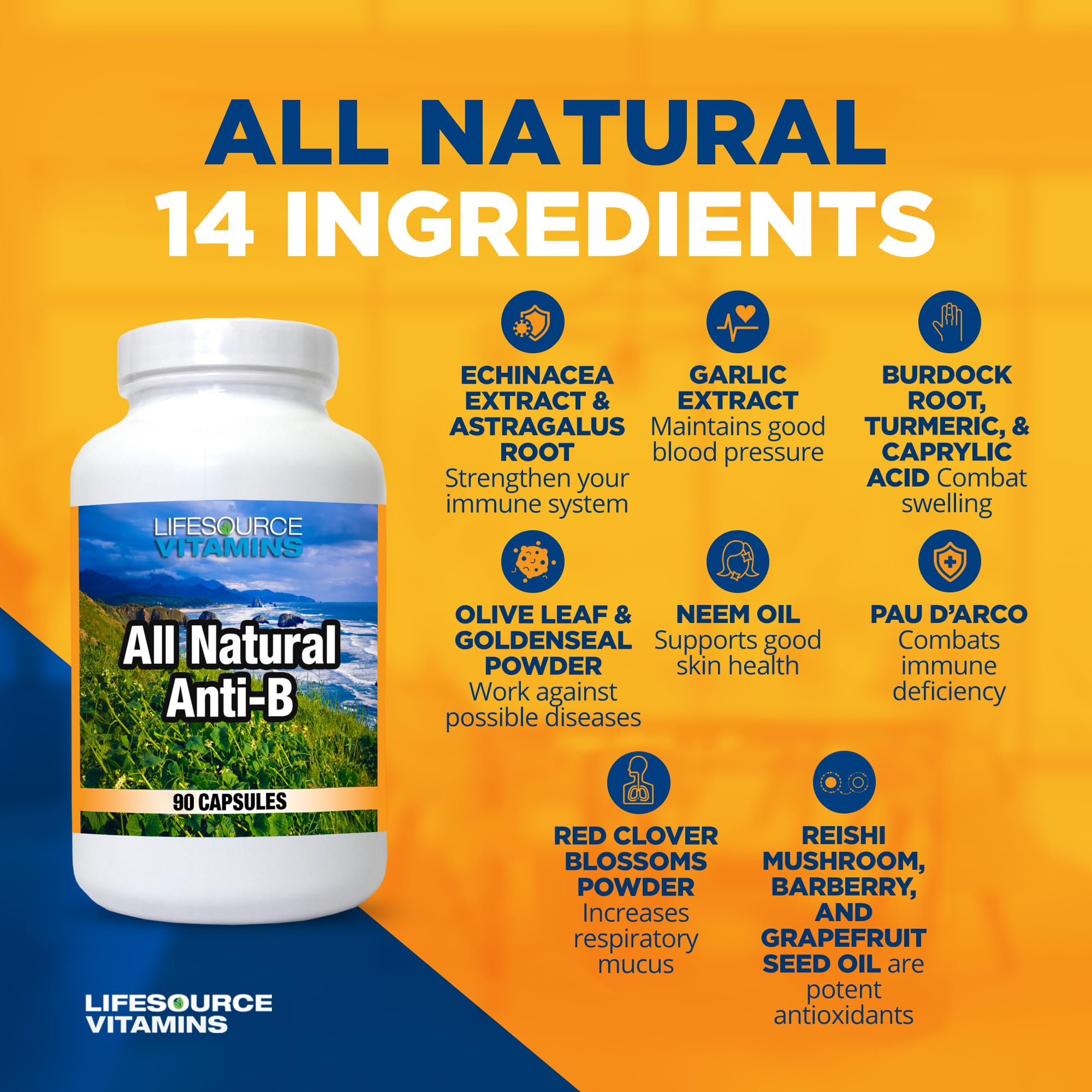 LifeSource Anti-B ingredients scene with 14 plant-based components.