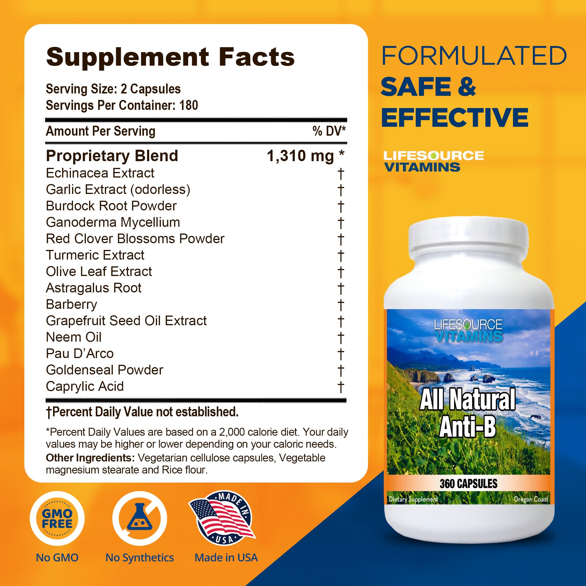 LifeSource Vitamins Anti-B capsules featuring echinacea and garlic for immune balance.