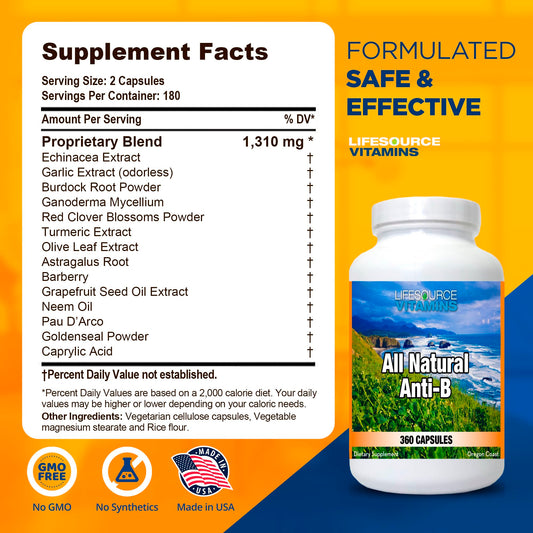 LifeSource Vitamins Anti-B capsules featuring echinacea and garlic for immune balance.