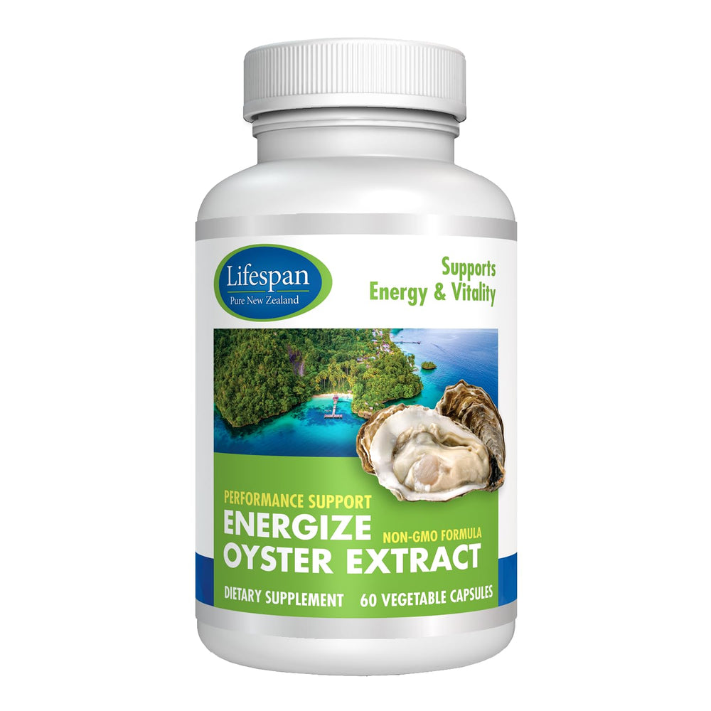 Lifespan Energize Oyster Extract bottle with 60 veggie capsules ready for daily use