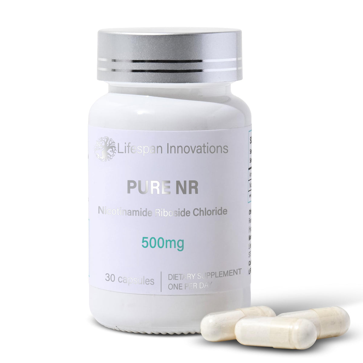 Lifespan Innovations Pure NR 500mg bottle front view in glass preserves purity for daily use