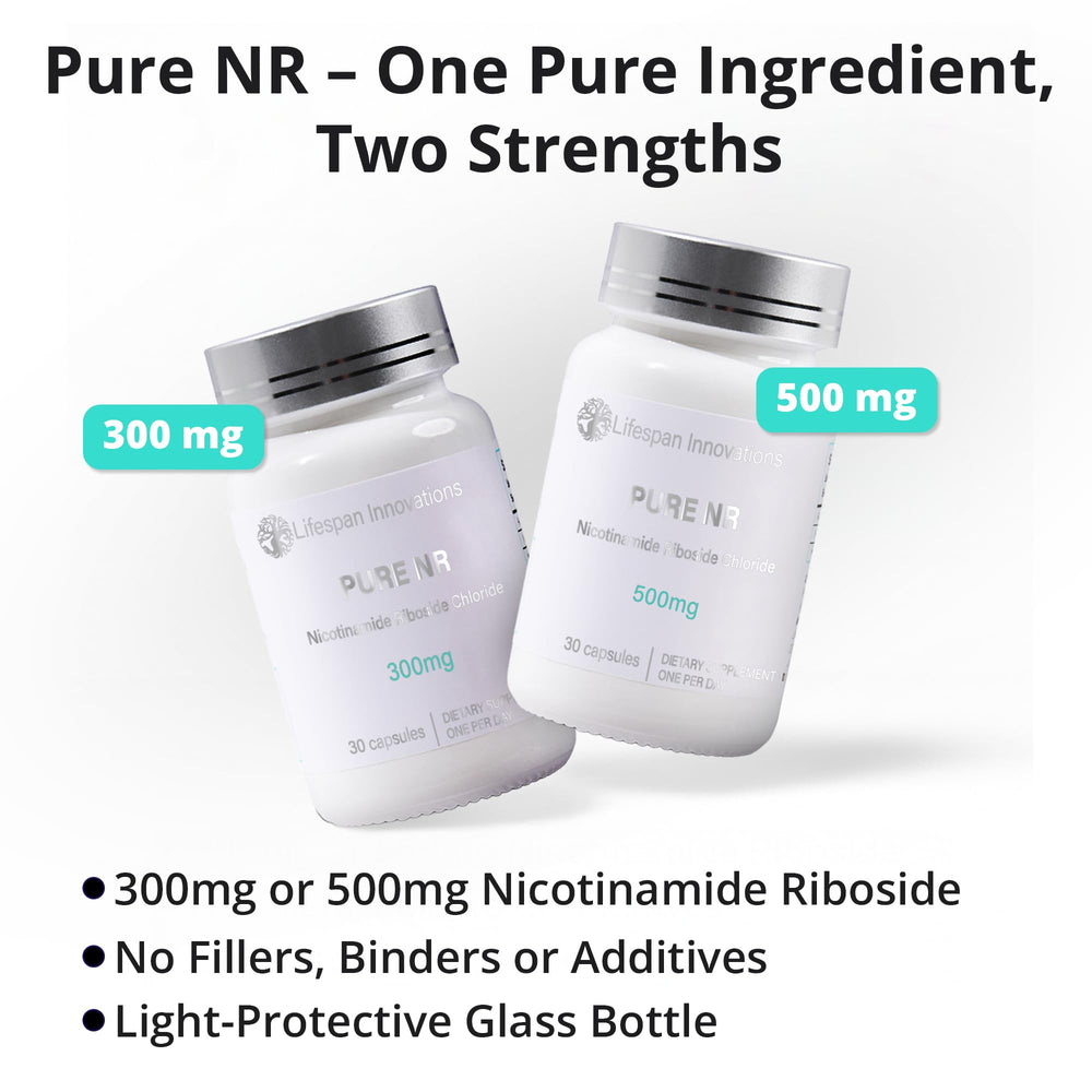 Lifespan Innovations Pure NR 500mg glass bottle close-up highlighting non-flushing NR form