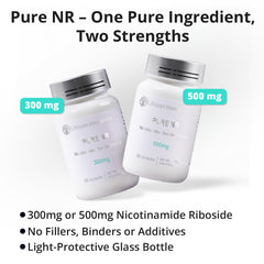 Lifespan Innovations Pure NR 500mg glass bottle close-up highlighting non-flushing NR form