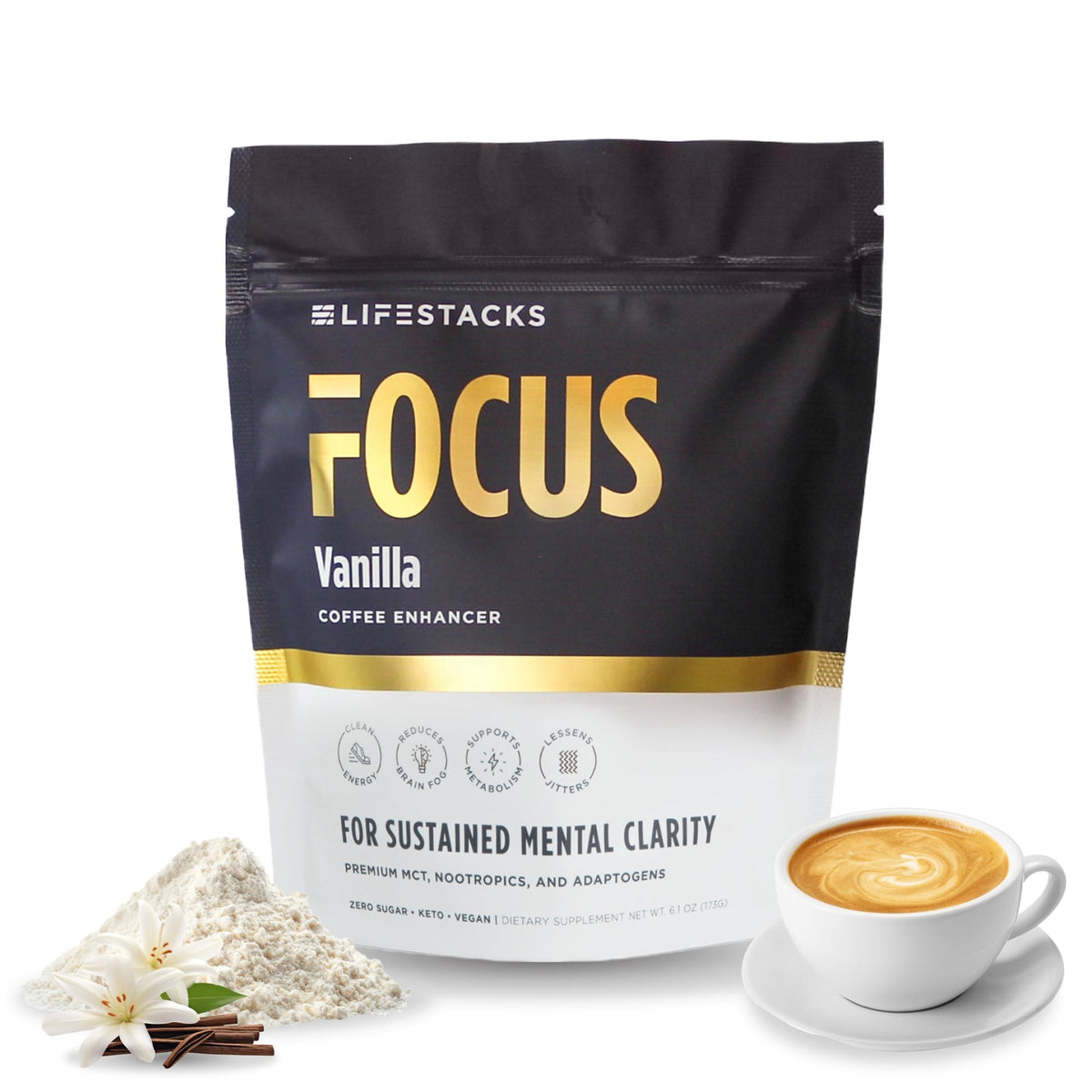 LIFESTACKS Focus vanilla coffee creamer bottle boosts morning focus with zero sugar.