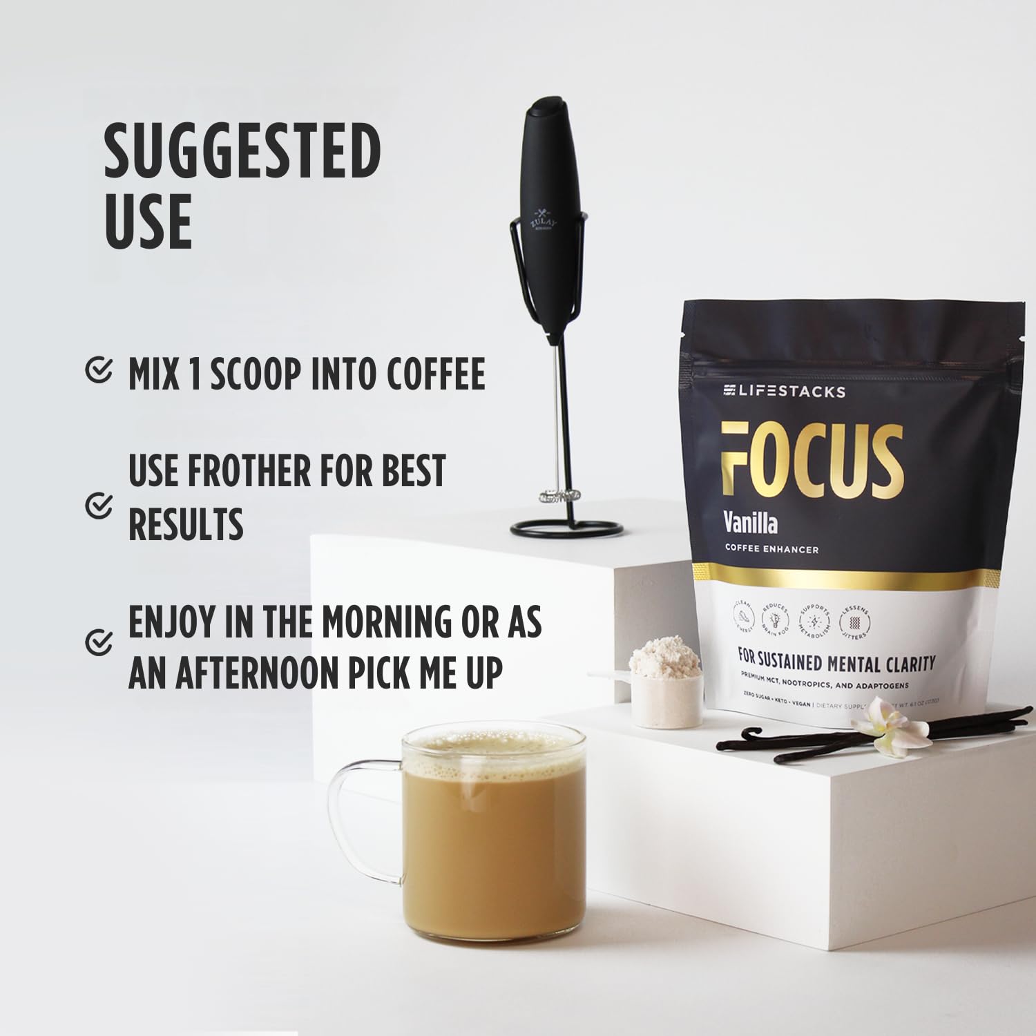 Packaging of LIFESTACKS Focus vanilla creamer showing vegan and gluten-free labeling.