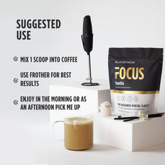 Packaging of LIFESTACKS Focus vanilla creamer showing vegan and gluten-free labeling.