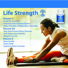 Close-up of LifeStrength ADK 10 capsules, small and easy to swallow for daily use.