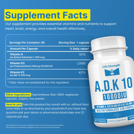 LifeStrength ADK supplement bottle label shows gluten-free, non-GMO promise