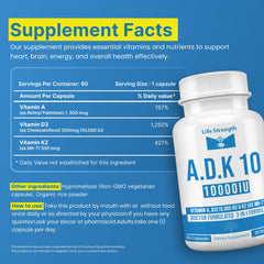 LifeStrength ADK supplement bottle label shows gluten-free, non-GMO promise
