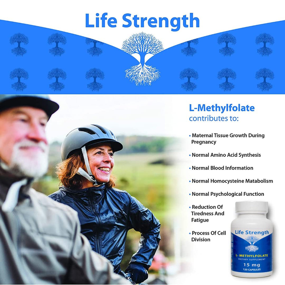 LifeStrength L-Methylfolate packaging box with glass of water for easy ingestion.