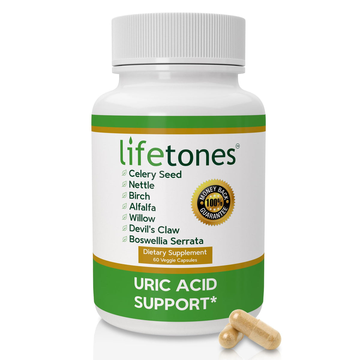 Life Tones Uric Acid Support bottle front view highlighting daily cleanse potential