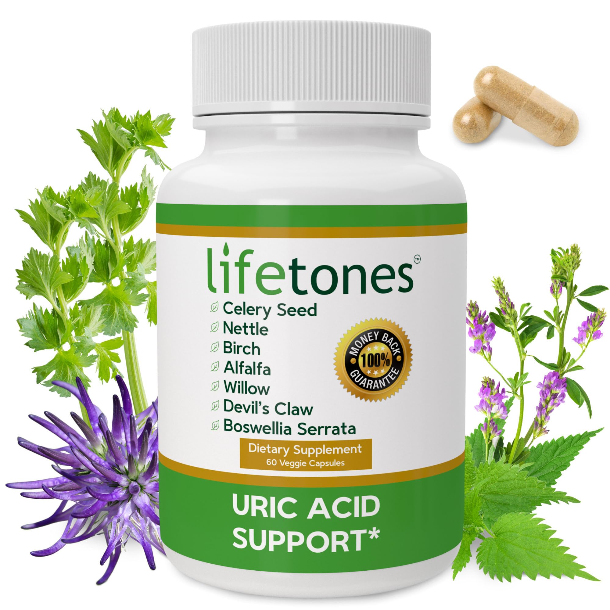 Close-up of Life Tones Uric Acid Support bottle label showing vegan formula