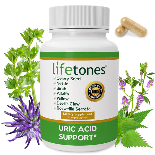 Close-up of Life Tones Uric Acid Support bottle label showing vegan formula