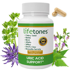 Close-up of Life Tones Uric Acid Support bottle label showing vegan formula