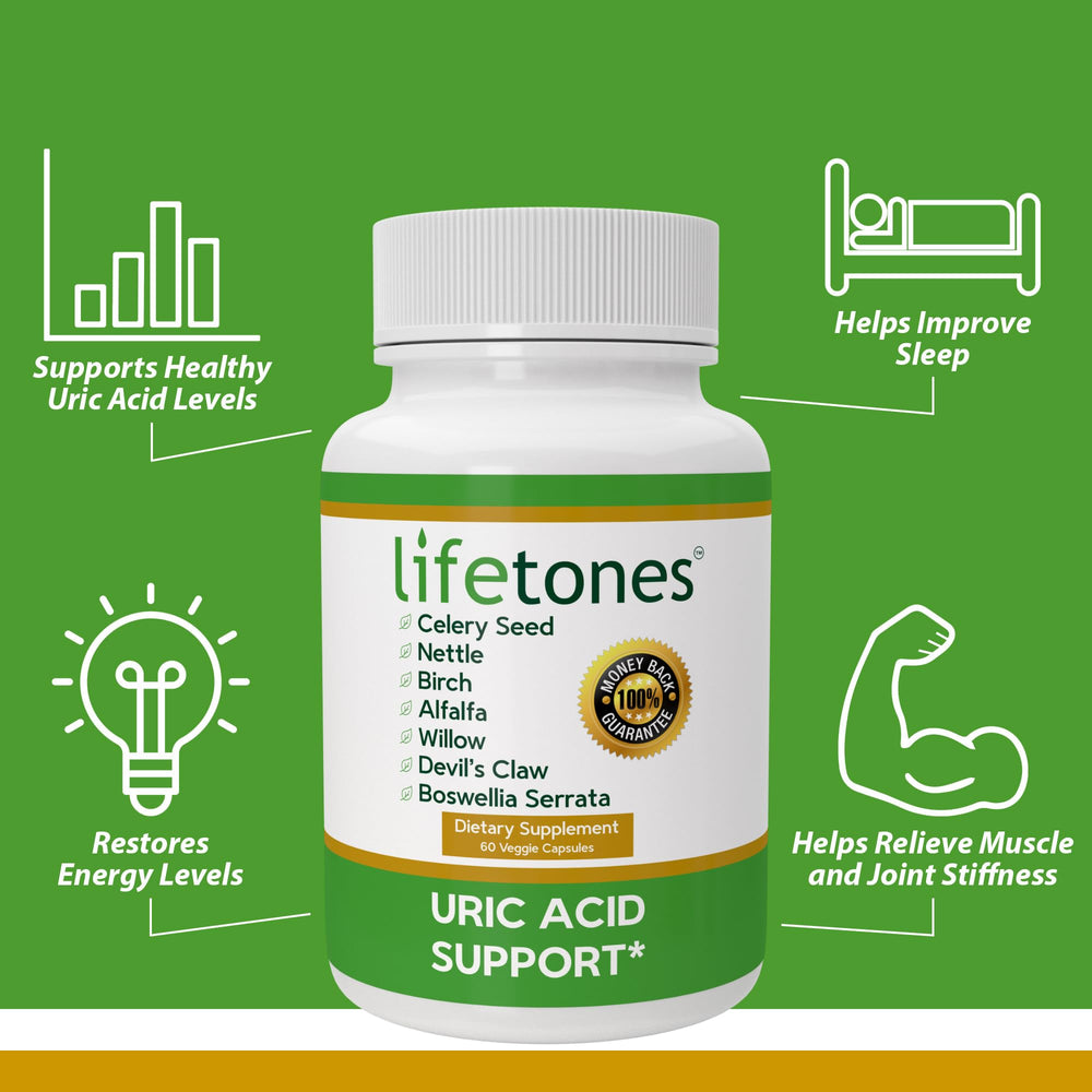 Life Tones Uric Acid Support capsules ready for daily use in a wellness routine