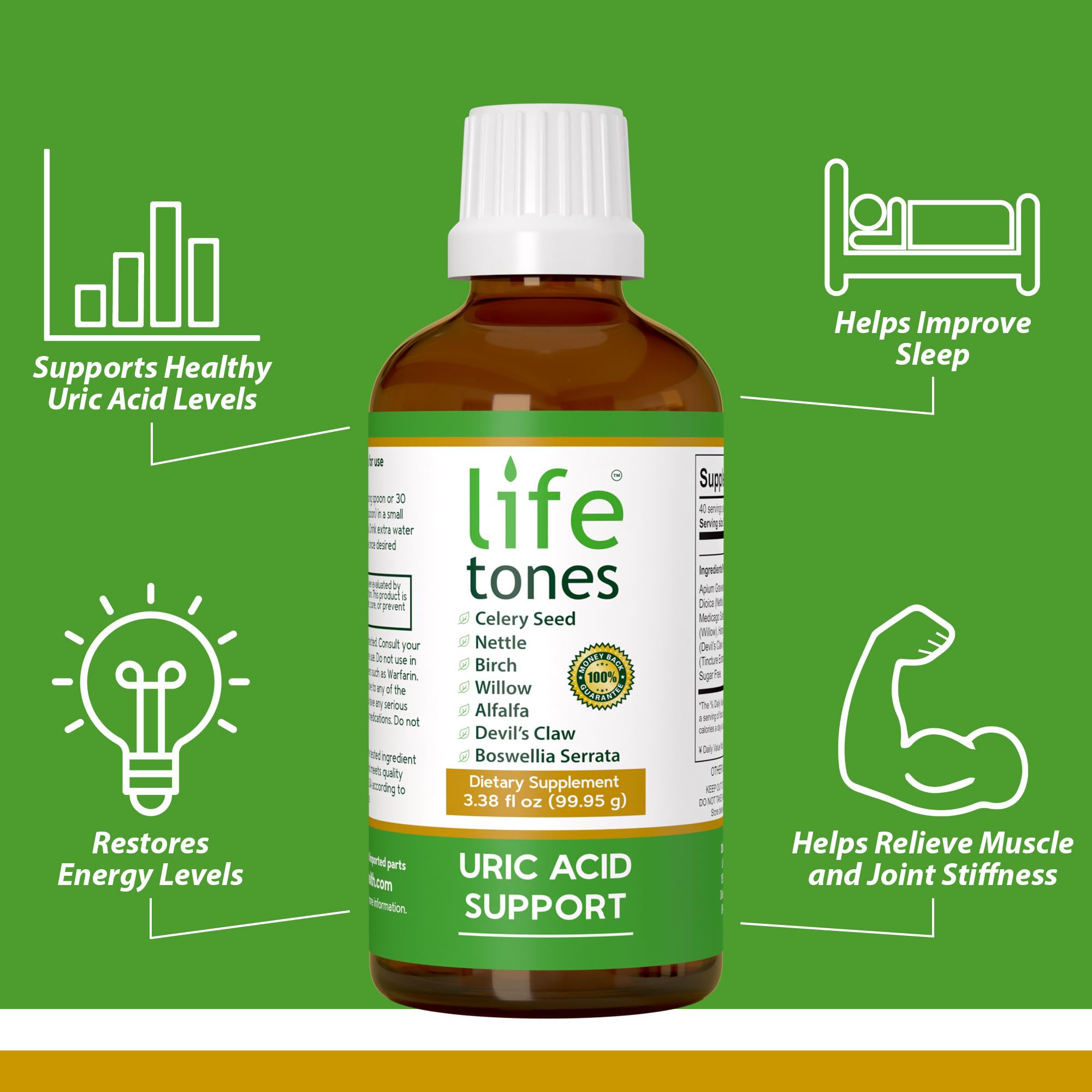 Life Tones Uric Acid Support label front highlights natural, vegetarian ingredients