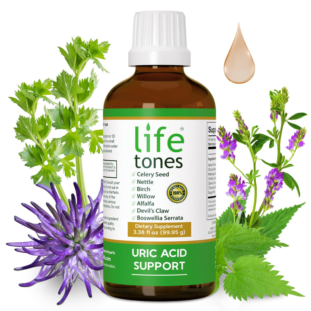 Life Tones Uric Acid Support measuring scoop beside bottle for precise use
