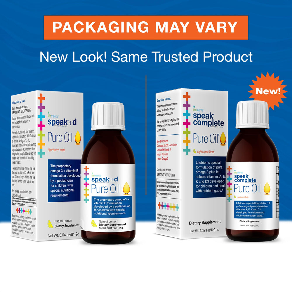 Lifetrients Speak+D Pure Oil lemon pour shot shows precise nutrient ratios for daily use.