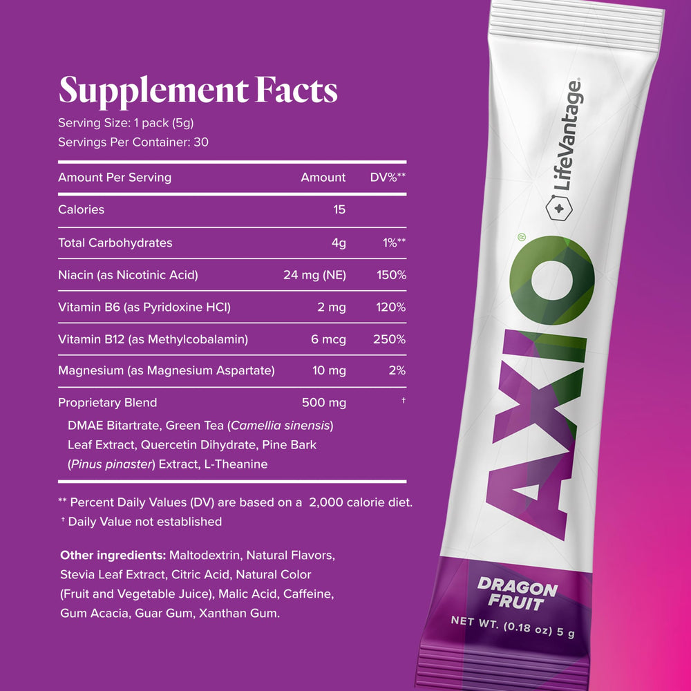 LifeVantage AXIO powder tub label close-up highlights a clean, sugar-free formula.