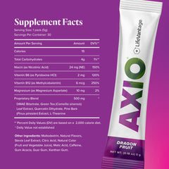 LifeVantage AXIO powder tub label close-up highlights a clean, sugar-free formula.