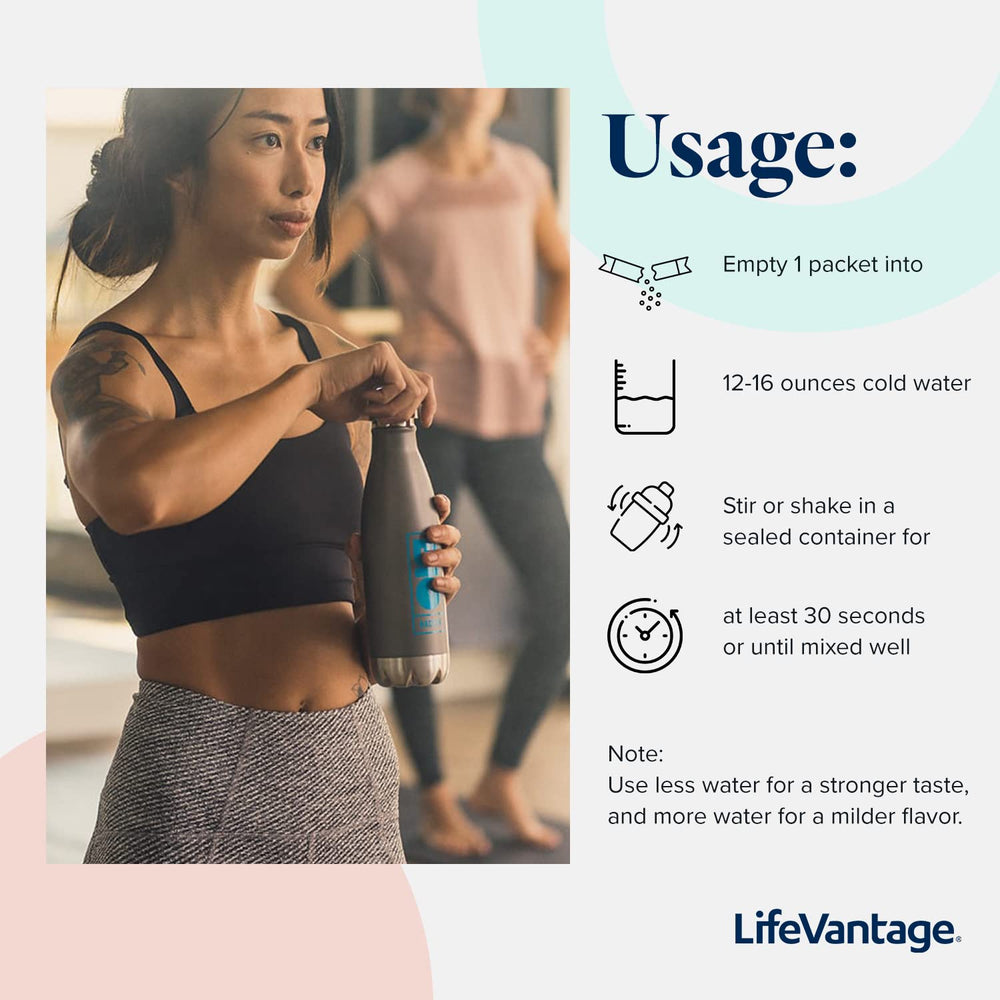 LifeVantage AXIO glass with prepared drink showing vibrant color and energy.