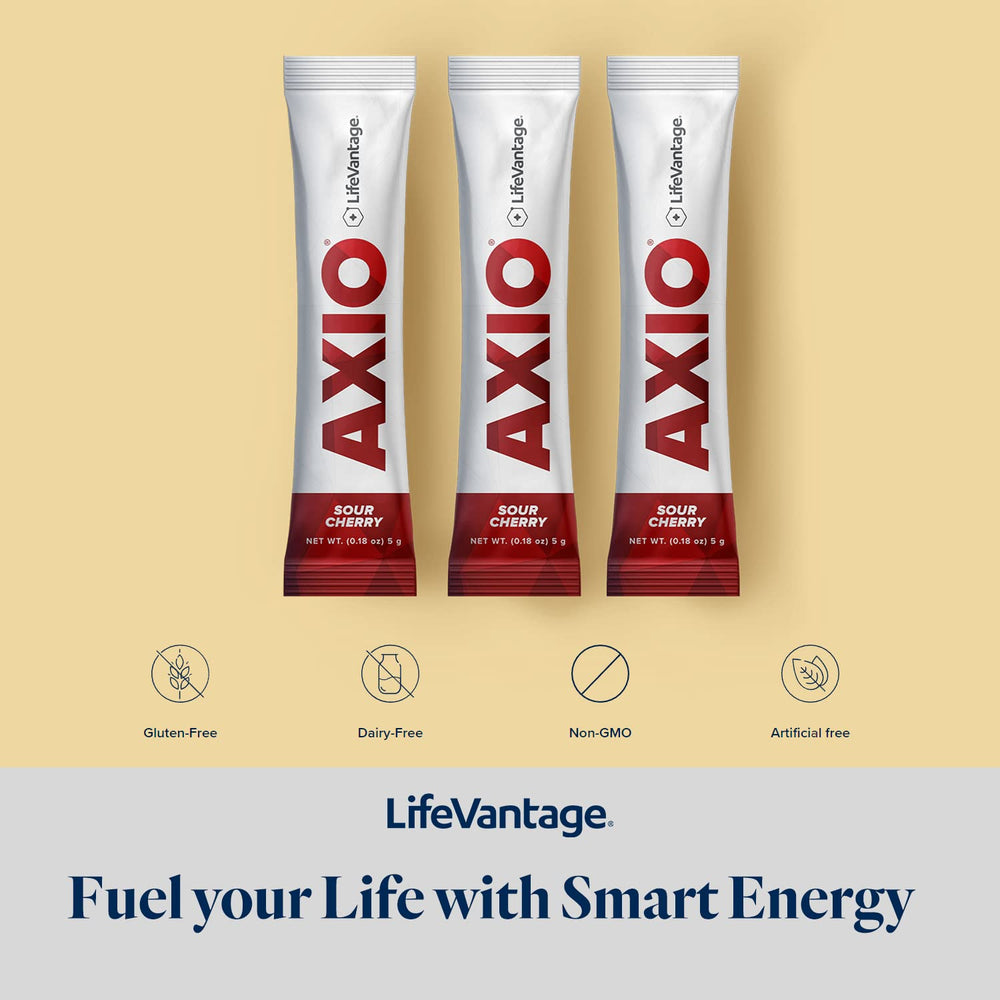 LifeVantage AXIO on-the-go packaging shown with gym bag for active routines.