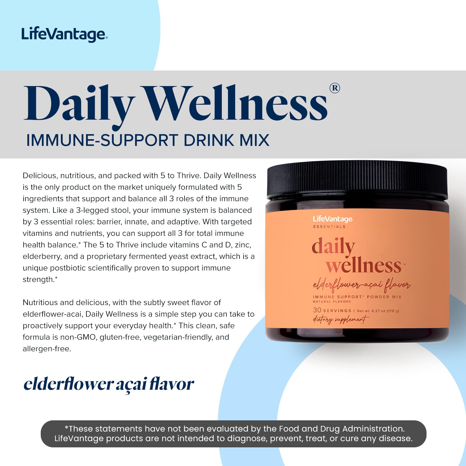 LifeVantage Daily Wellness ingredients label featuring elderflower and acai
