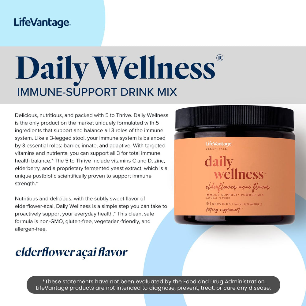 LifeVantage Daily Wellness ingredients label featuring elderflower and acai