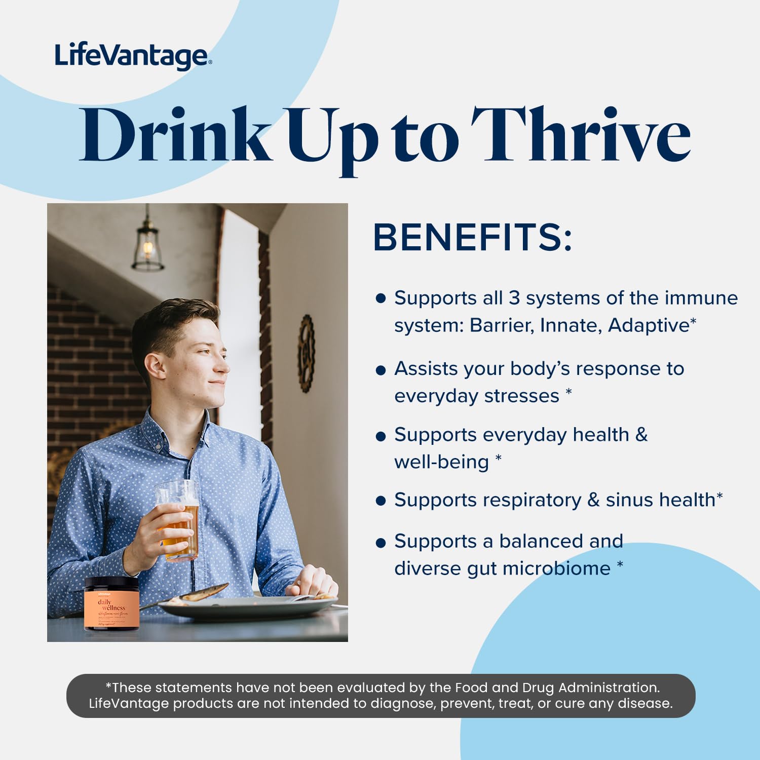 LifeVantage Daily Wellness mix in water forming a refreshing beverage