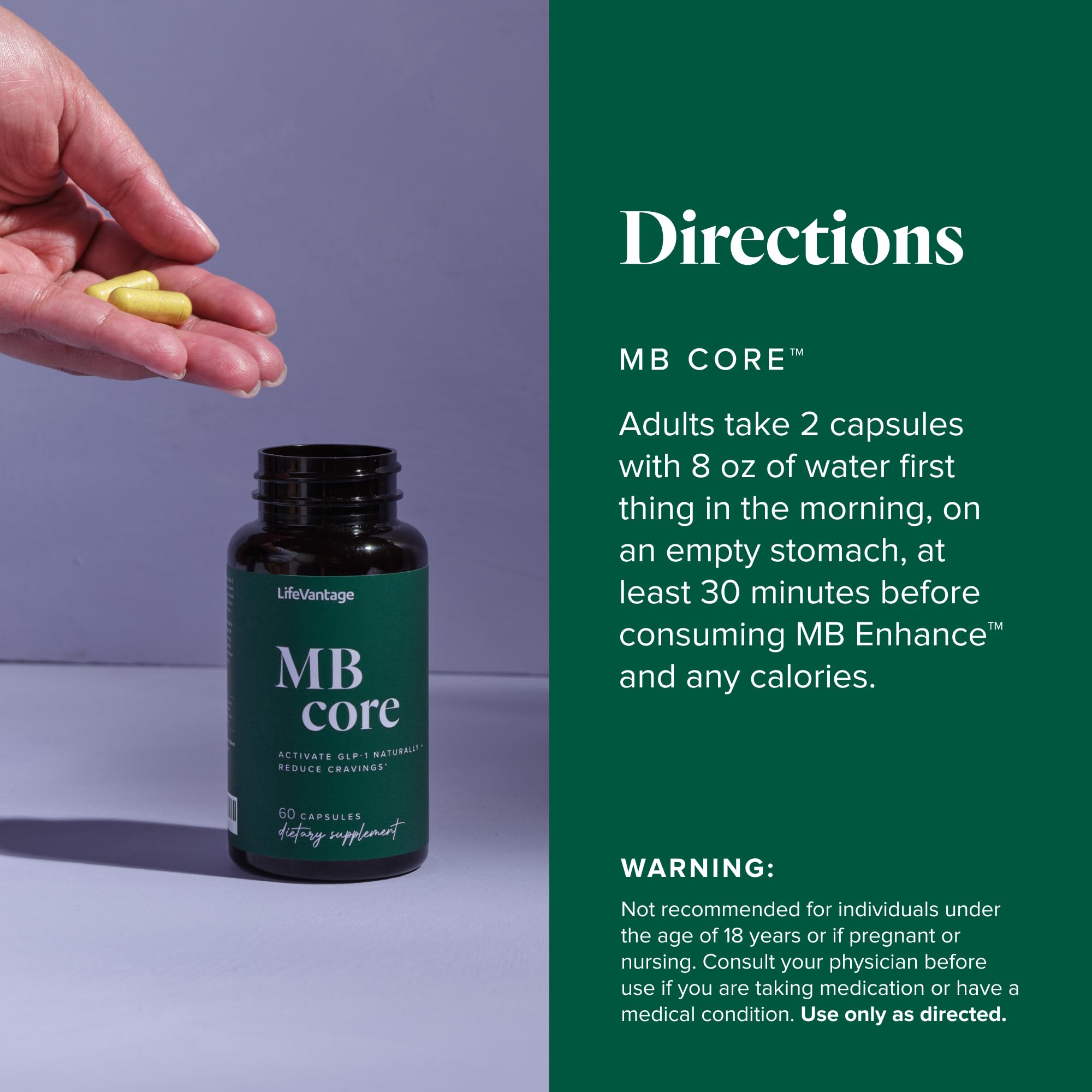 LifeVantage MindBody GLP-1 System label view emphasizing transparency and usage guidelines.