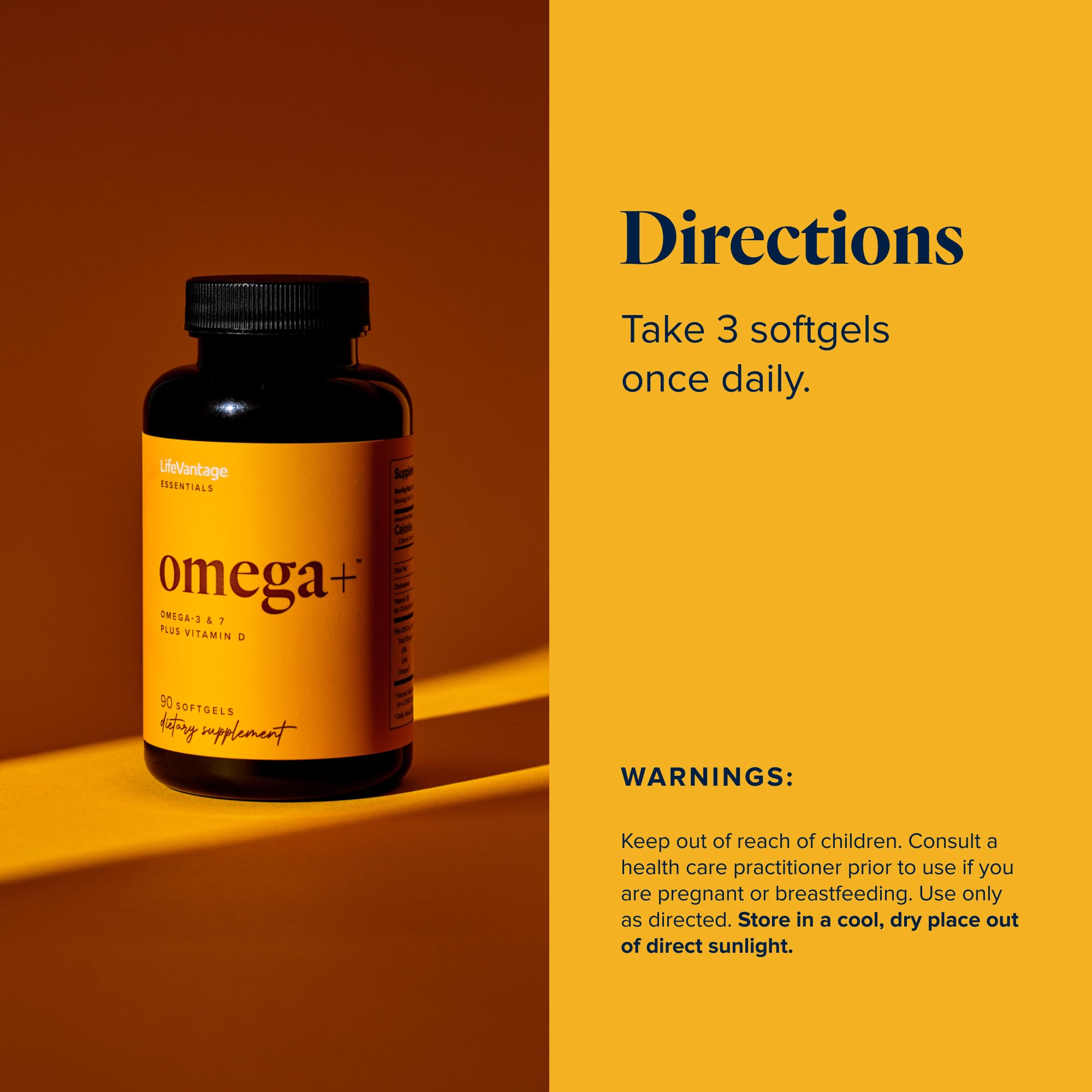 LifeVantage Omega+ ingredients panel highlights EPA, DHA, omega-7 and vitamin D3.