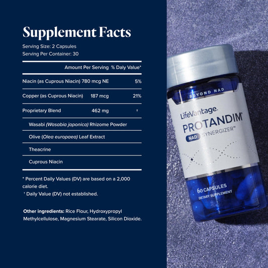 Closeup of LifeVantage Protandim NAD Synergizer capsules for mood and energy support.