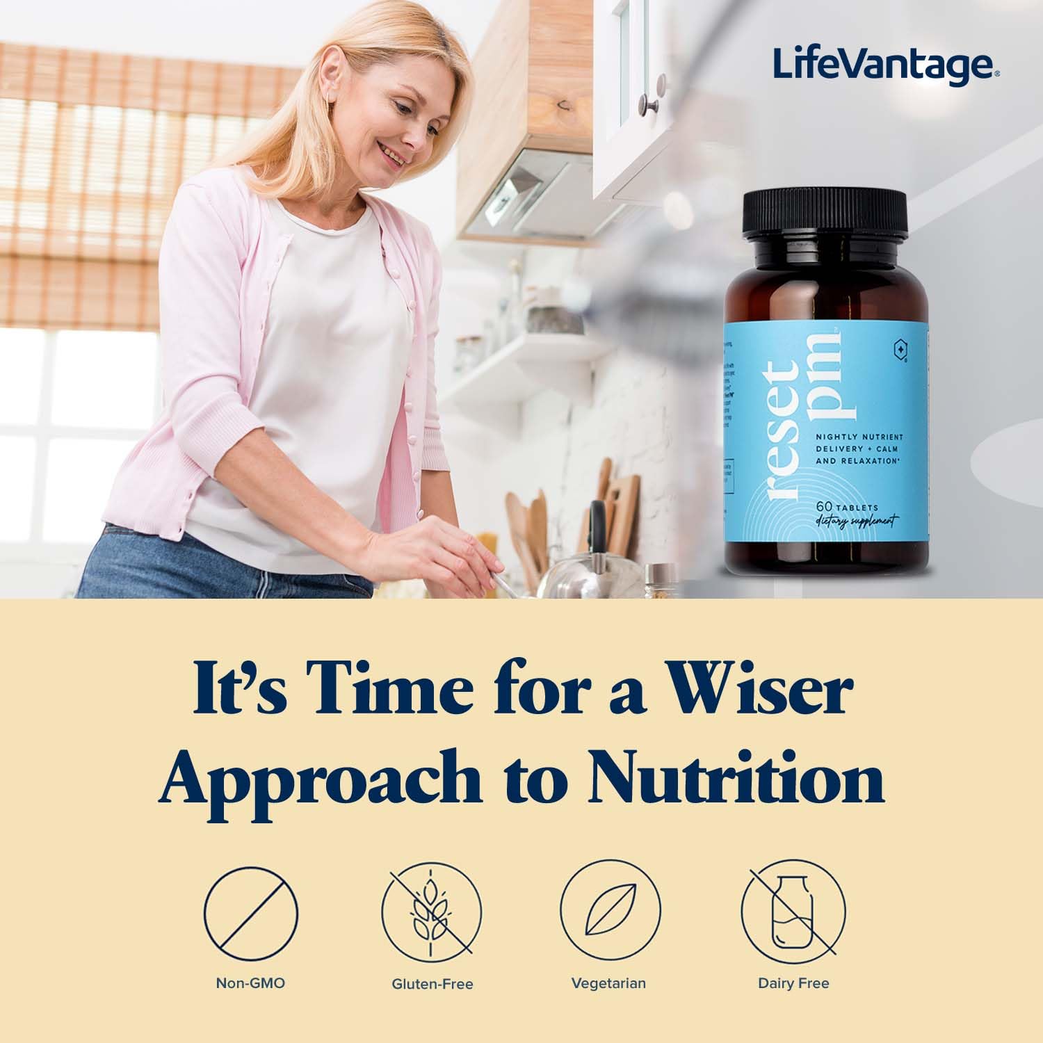 LifeVantage Reset PM night-time routine setup with tablets and calm atmosphere