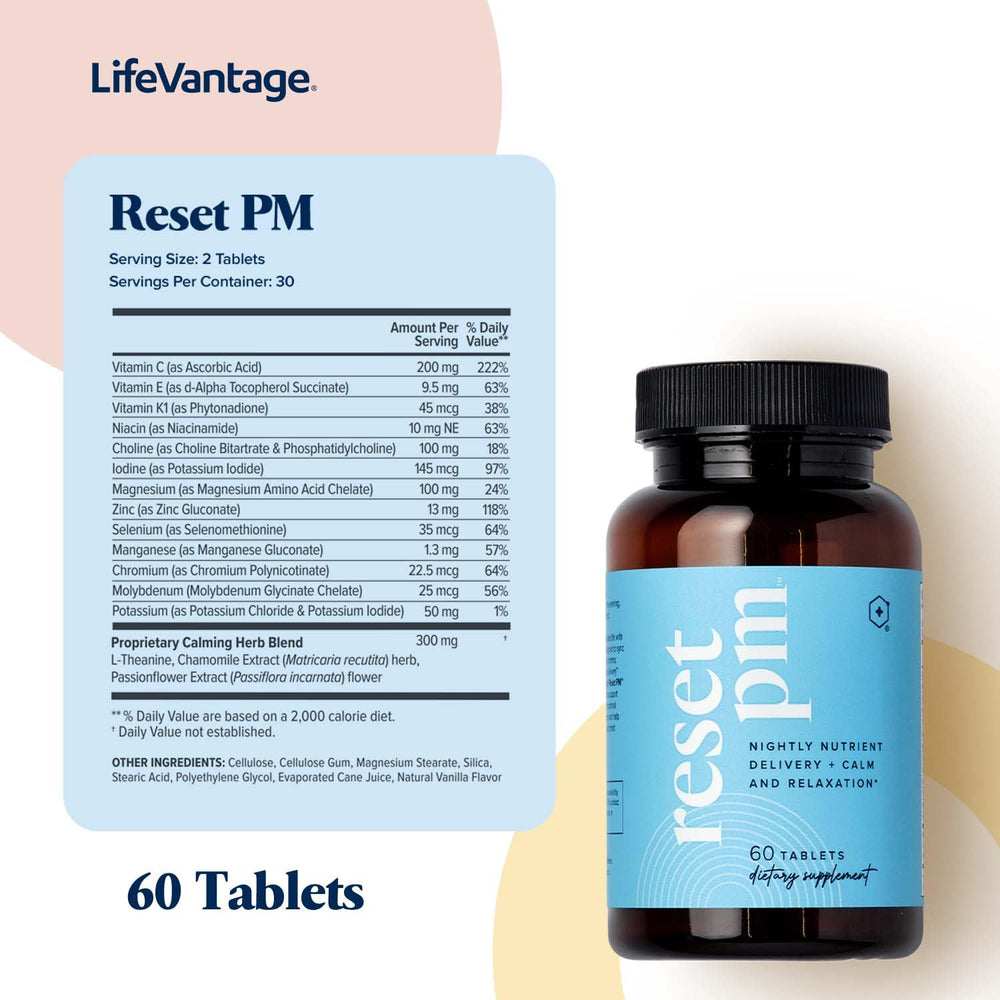 LifeVantage Reset PM tablets close-up with vanilla coating for easy nightly swallow